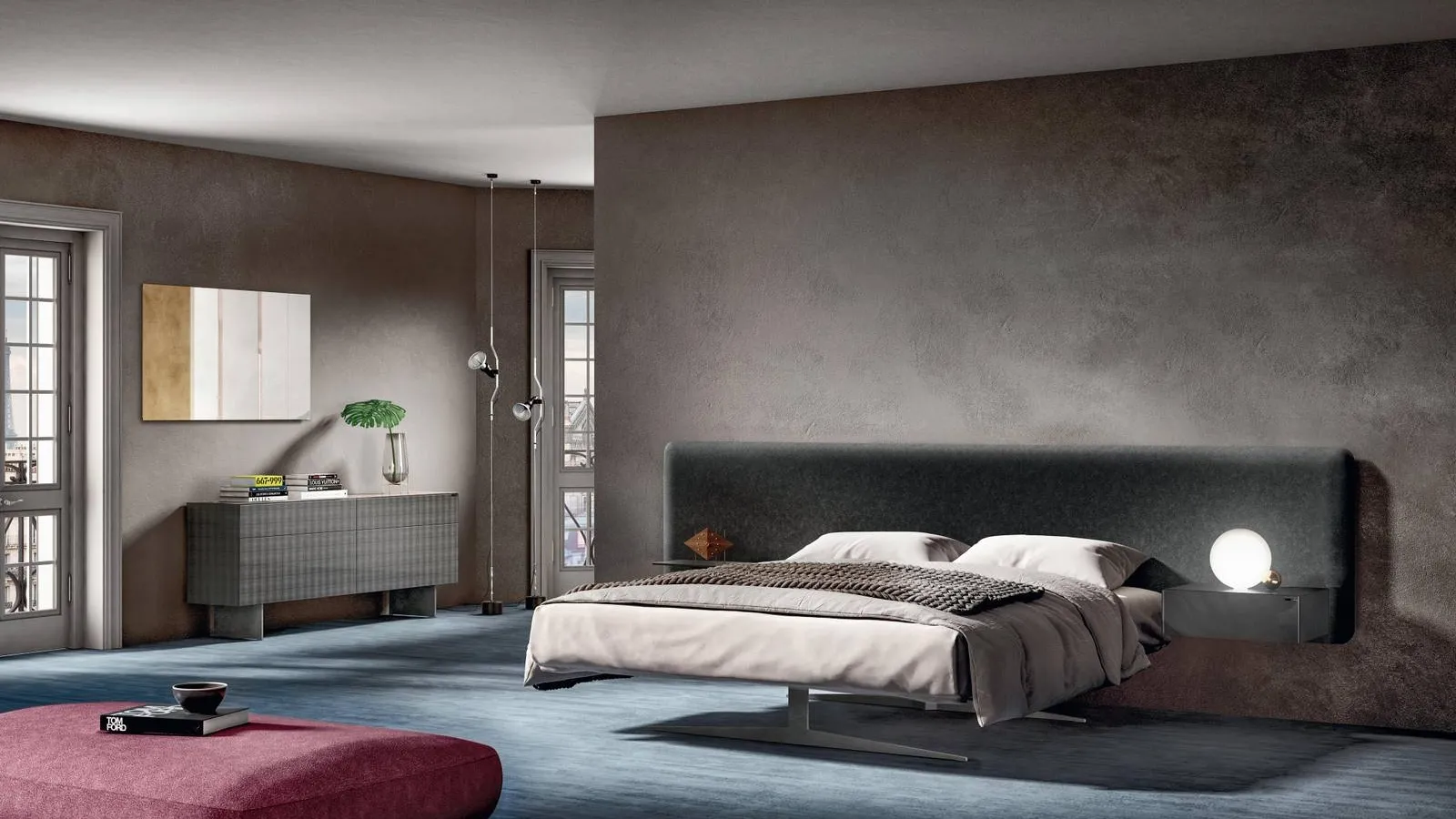 Letto Steel 1747 con testiera in velluto imbottito di Lago